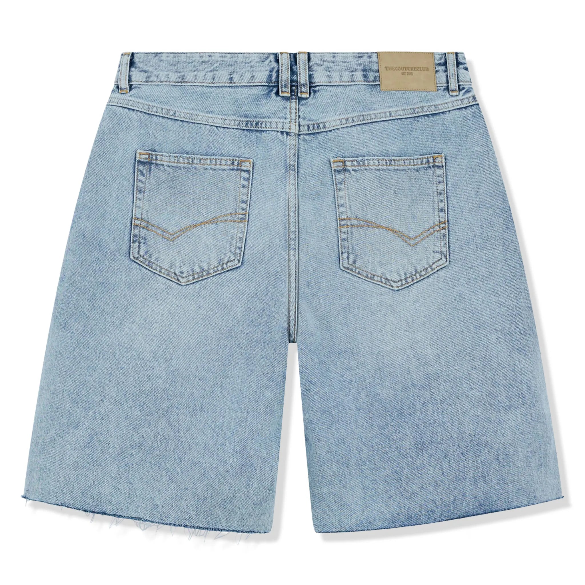 Back View of The Couture Club Raw Edge Mid Stone Wash Denim Shorts